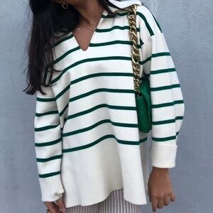 Zara Green and White Striped Turtleneck Sweater